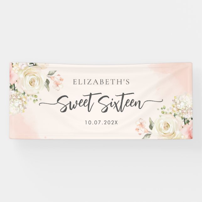 Sweet 16 Watercolor Pink Floral Birthday Party Banner (Horizontal)