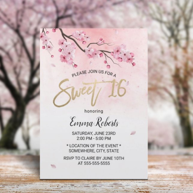 Sweet 16 Watercolor Pink Floral Cherry Blossom Invitation (Creator Uploaded)