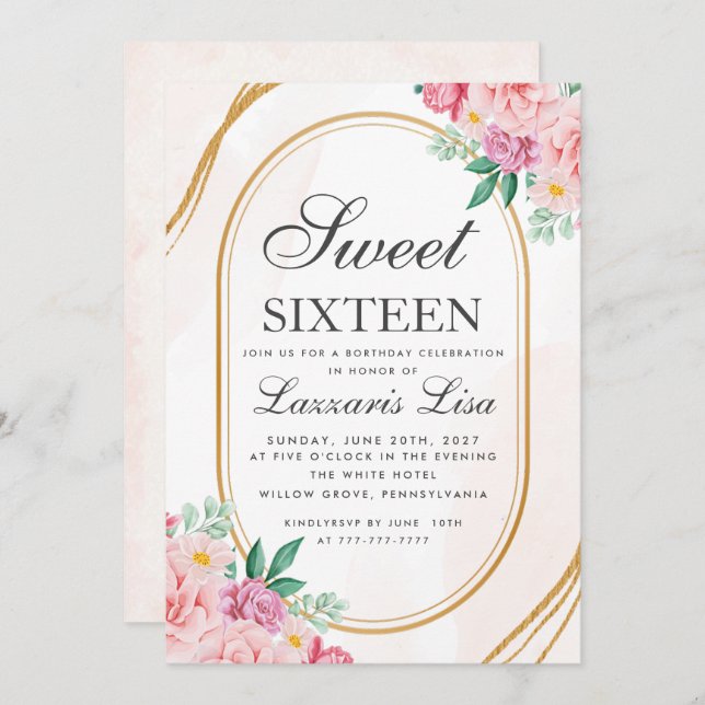 Sweet 16 Watercolor Pink Floral Girly Birthday Invitation (Front/Back)