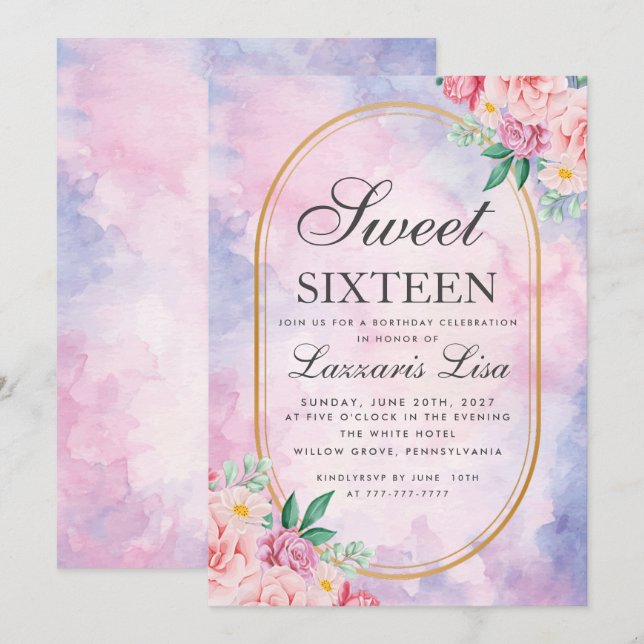 Sweet 16 Watercolor Pink & White Floral Birthday Invitation (Front/Back)
