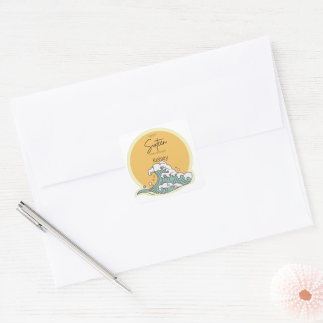 Sweet 16 Wave and Sun Monogram - Name  Square Sticker (Envelope)