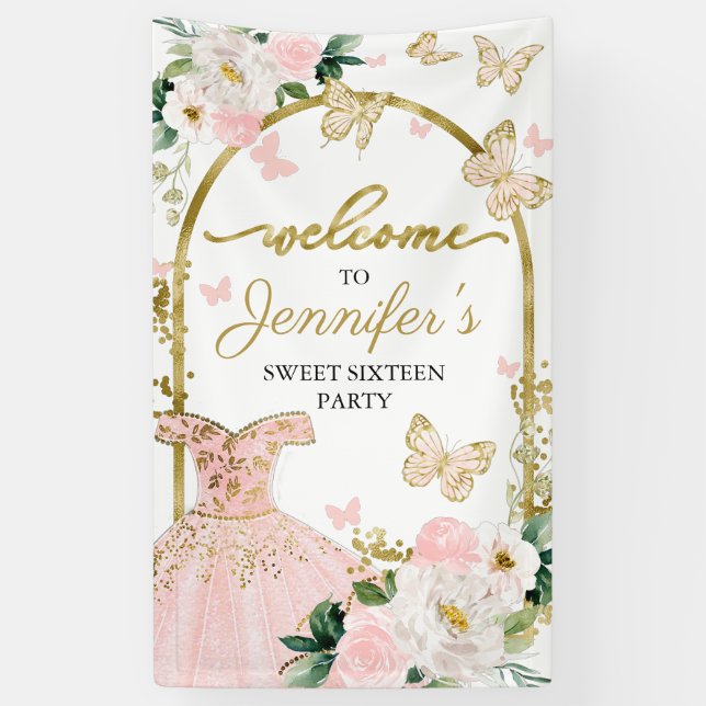 Sweet 16 Welcome Sign Butterfly Floral Dress (Vertical)