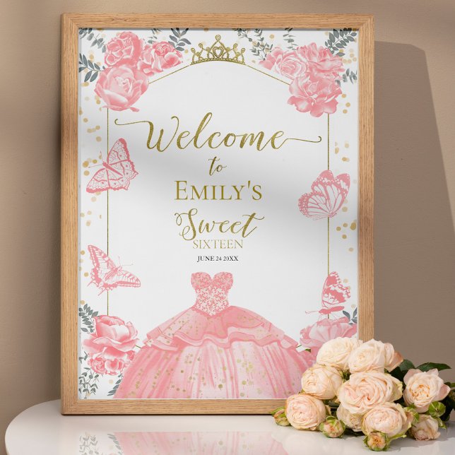 Sweet 16 Welcome Sign Butterfly Pink Dress Floral (Creator Uploaded)