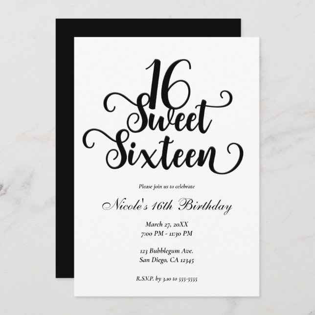 Sweet 16 White & Black Birthday Party   Invitation (Front/Back)