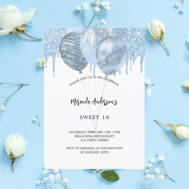 Sweet 16 white blue balloons glitter drips invitation (Creator Uploaded)