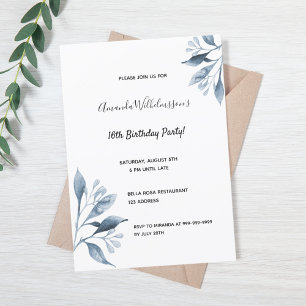 Sweet 16 white blue florals botanical invitation