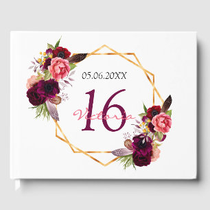 Sweet 16 white burgundy floral geometric guest book