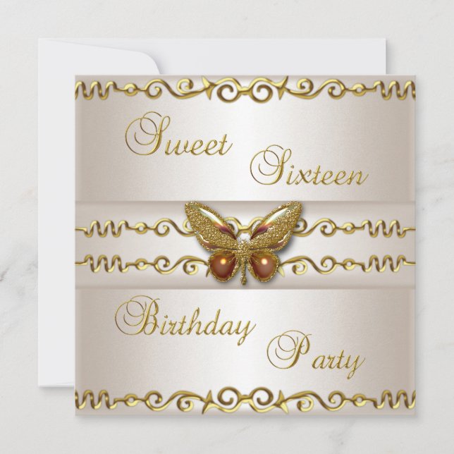 Sweet 16 White Cream Gold Pearl Butterfly Jewel Invitation (Front)