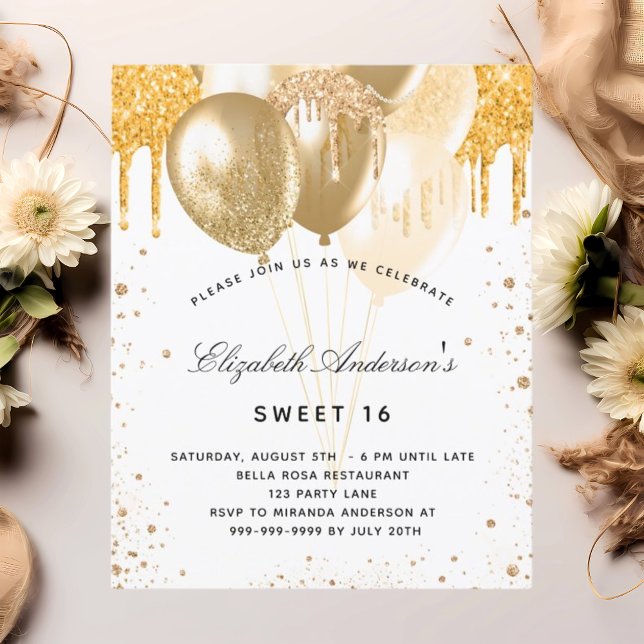 Sweet 16 white gold balloons invitation (Creator Uploaded)