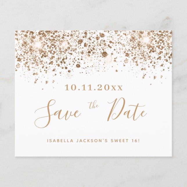 Sweet 16 white gold budget save the date flyer (Front)