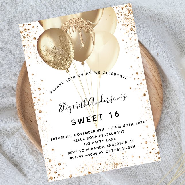 Sweet 16 white gold glitter balloons invitation postcard (Creator Uploaded)