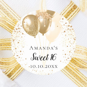 Sweet 16 white gold glitter balloons name classic round sticker
