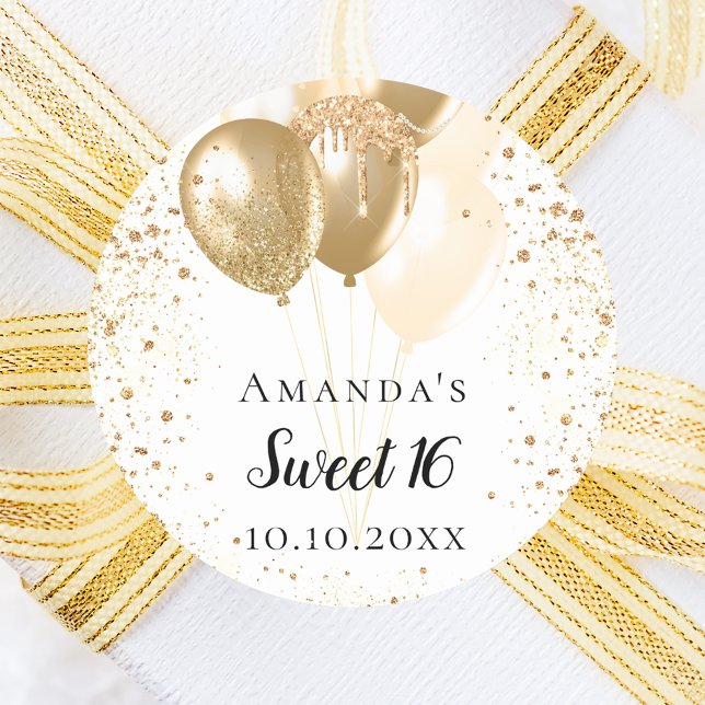 Sweet 16 white gold glitter balloons name classic round sticker (Creator Uploaded)