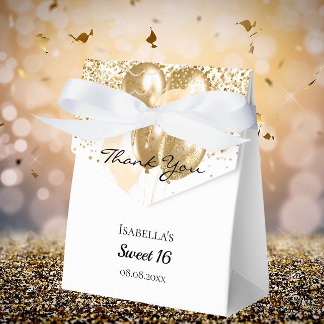 Sweet 16 white gold glitter balloons thank you favour box (Creator Uploaded)