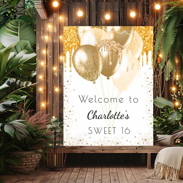Sweet 16 white gold glitter balloons welcome poster (Creator Uploaded)