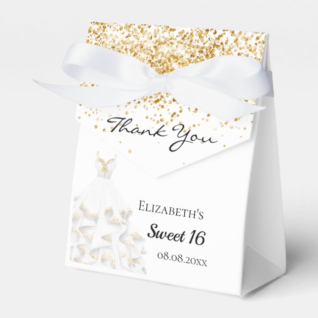 Sweet 16 white gold glitter dress thank you favour box (Front Side)