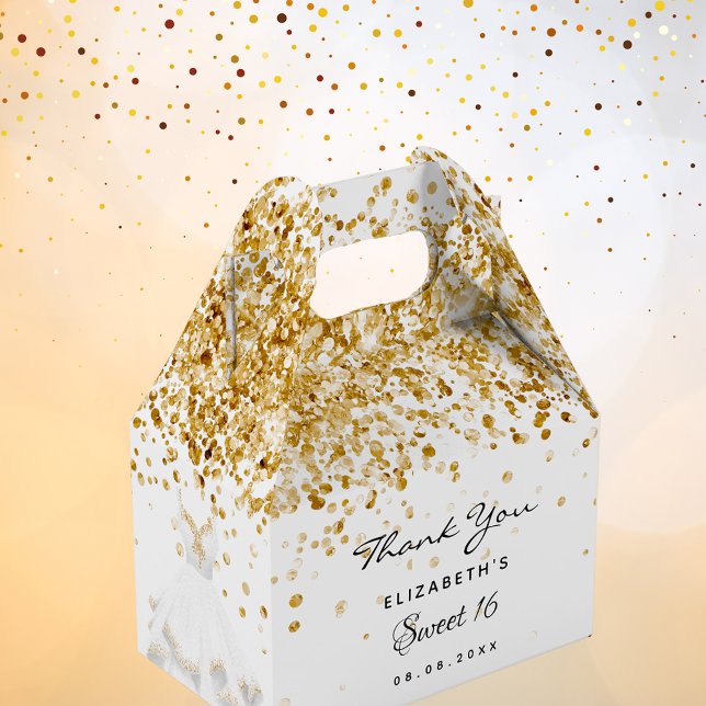 Sweet 16 white gold glitter dress thank you favour box (Creator Uploaded)