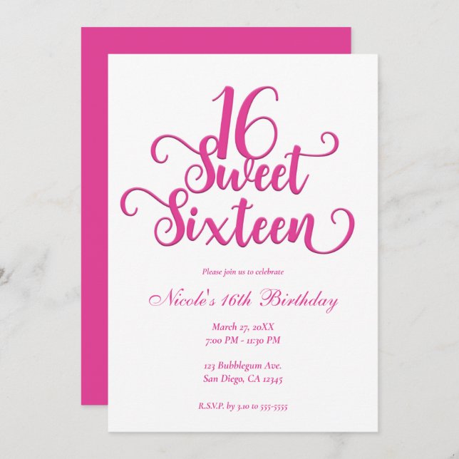 Sweet 16 White & Hot Pink Birthday Party  Invitation (Front/Back)