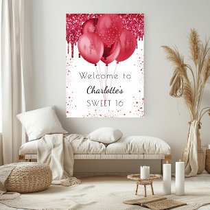 Sweet 16 white red glitter welcome balloons poster