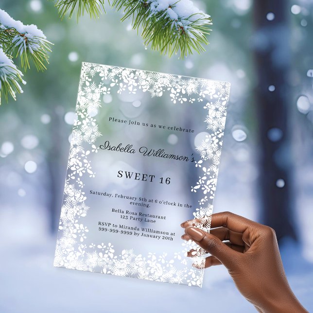 Sweet 16 white snowflakes winter party frosted acrylic invitations (Creator Uploaded)
