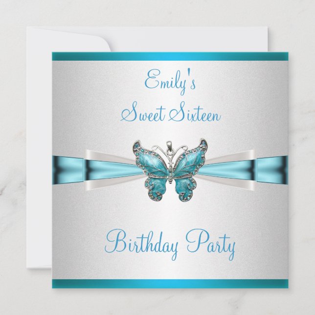 Sweet 16 White Teal Blue Butterfly Birthday Invitation (Front)
