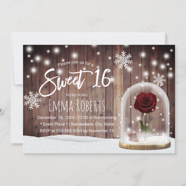 Sweet 16 Winter Beauty Rose Dome Rustic Barn Wood Invitation (Front)