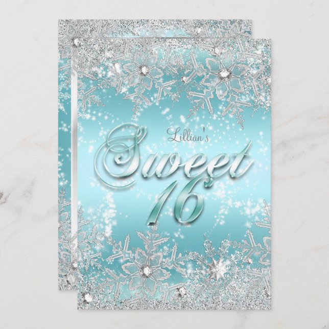 Sweet 16 Winter Wonderland Blue Teal Snowflake Invitation (Front/Back)