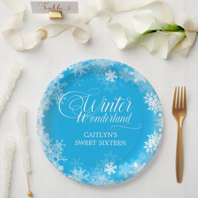 Sweet 16 Winter Wonderland Snowflake Blue Paper Plate (Wedding)