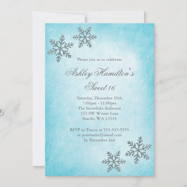 Sweet 16 Winter Wonderland Sparkle Snowflakes Invitation (Front)