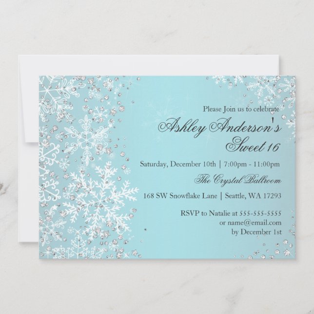 Sweet 16 Winter Wonderland Sparkle Snowflakes Invitation (Front)