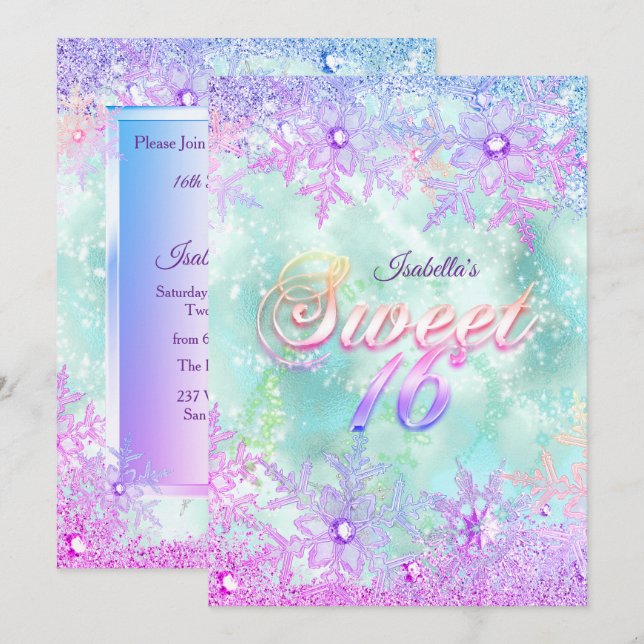 Sweet 16 Winter Wonderland Teal Blue Purple Pink Invitation (Front/Back)