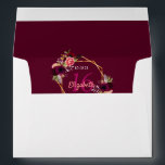 Sweet 16th birthday burgundy floral geometric gold envelope<br><div class="desc">An envelope for a Sweet 16th birthday party invitations, save the dates and thank you cards. On front: A chic white background with a faux gold geometric frame. Decorated with dark purple and burgundy flowers, roses and boho style feathers. Templates for a name, age 16 and a date. Date of...</div>