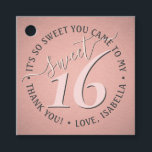 Sweet 16th Birthday Chic Cute Thank You Pink Party Favour Tags<br><div class="desc">Add a chic and pretty finishing touch to sweet 16 party decorations with custom thank you square favour tags. Design features a girly blush pink and dark grey modern font on a trendy rose gold faux foil background. Text in a circle is simple to customise. These elegant tags make a...</div>