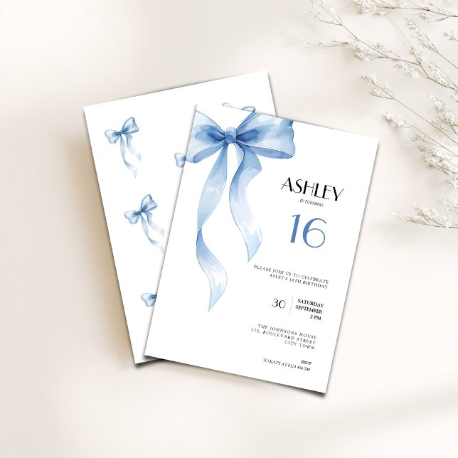 Sweet 16th Birthday Invitation Blue Bow for Girls (Blue bow coquette 16th birthday invitation for girls)