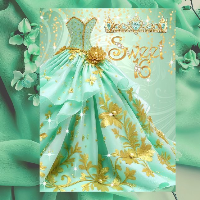 Sweet 16th Birthday Party Mint Green Gold Dress Invitation (Creator Uploaded)