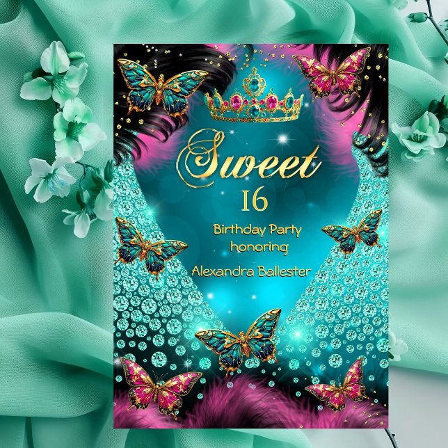 Sweet 16th birthday Party Teal Pink Butterflies Invitation (Creator Uploaded)