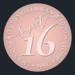 Sweet 16th Birthday Party Thank You Chic Cute Pink Classic Round Sticker<br><div class="desc">Add a chic and modern finishing touch to envelopes and favours with custom sweet 16th birthday party round stickers. Design features a girly blush pink and dark grey handwritten style script typography on a trendy rose gold faux foil background. Text in a circle is simple to customise. These elegant labels...</div>
