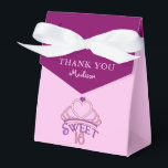 Sweet 16th Birthday Party Thank You Custom Favour Box<br><div class="desc">Personalised pretty pink sweet sixteen birthday party favour boxes with a pink tiara topped with a purple heart and Sweet 16 written underneath. Customise with your own message and teenager's name to pass out to guests.</div>