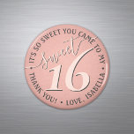 Sweet 16th Birthday Pink Thank You Party Favour Magnet<br><div class="desc">Add a personalised and pretty finishing touch to sweet 16 party decorations with custom thank you round refrigerator magnets. Design features a girly blush pink and dark grey modern font on a trendy rose gold faux foil background. Text in a circle is simple to customise. These elegant favours make a...</div>
