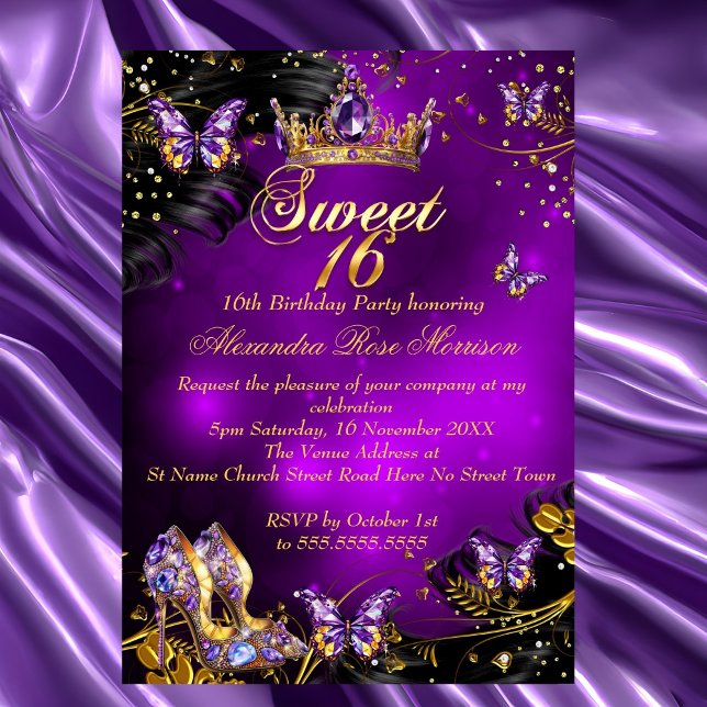 Sweet 16th birthday purple Gold Black Butterfly Invitation (Creator Uploaded)