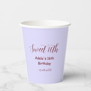 Sweet 16th birthday purple pastel mauve retro name paper cups