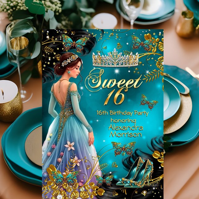 Sweet 16th birthday Teal Gold Dress Butterfly Invitation (Creator Uploaded)