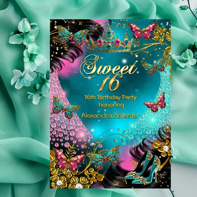 Sweet 16th birthday Teal Pink Gold Butterfly Invitation (Creator Uploaded)