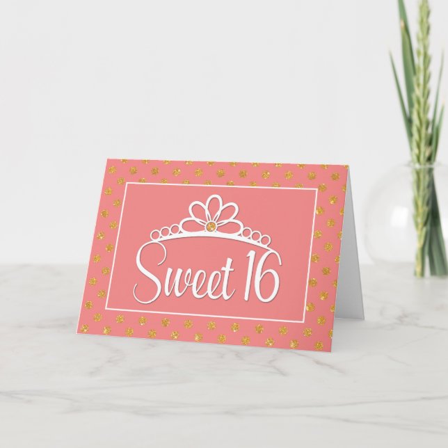 Sweet 16th Birthday with Crown and Gold Dots Invitation (Front)