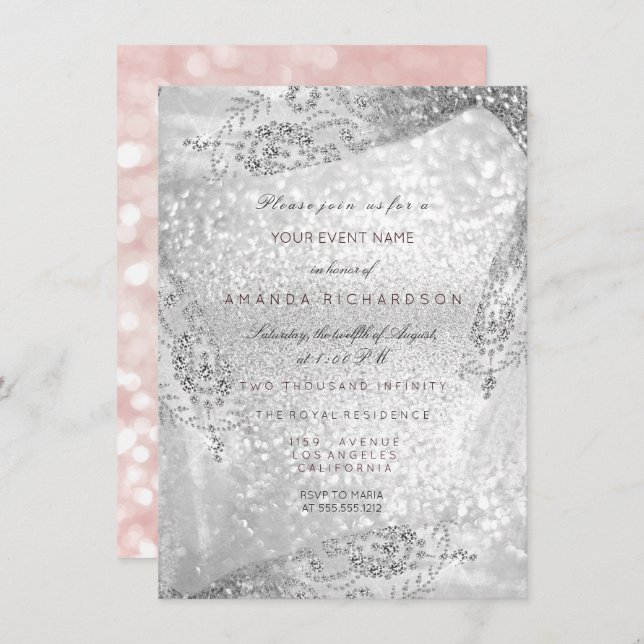 Sweet 16th Bridal Dress Pink Grey Diamond Spark Invitation (Front/Back)