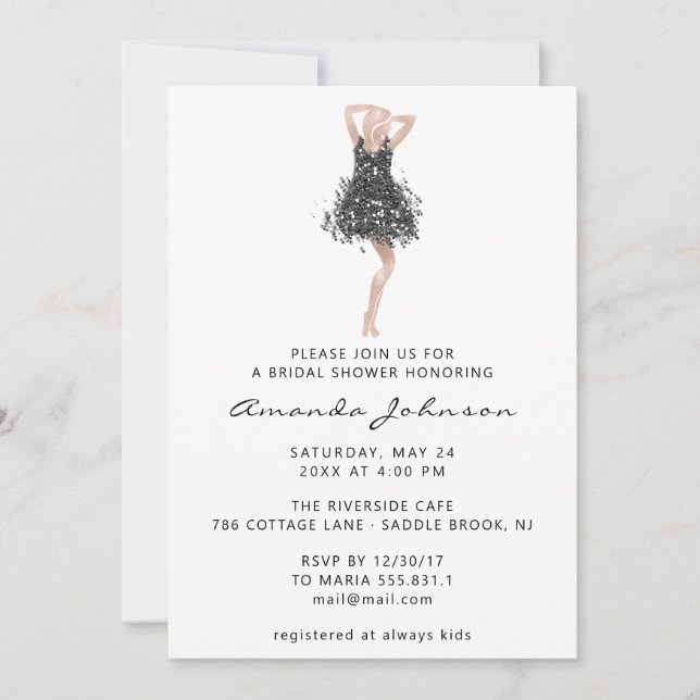 Sweet 16th Bridal Shower Black Grey Dress White Invitation (Front)
