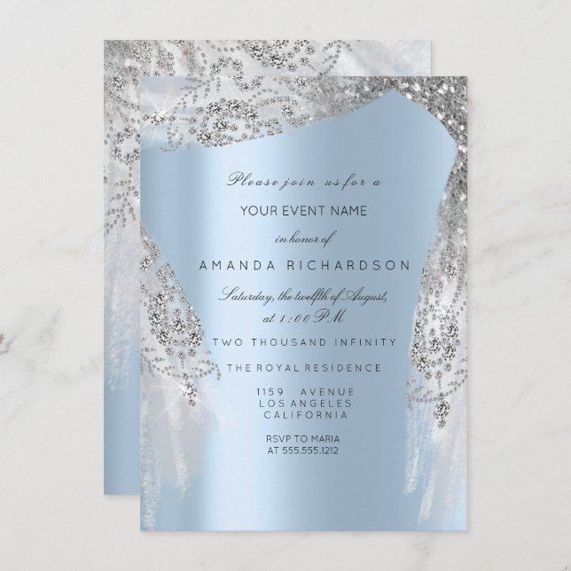 Sweet 16th Bridal Shower Silver Grey Blue Dress Invitation (Front/Back)
