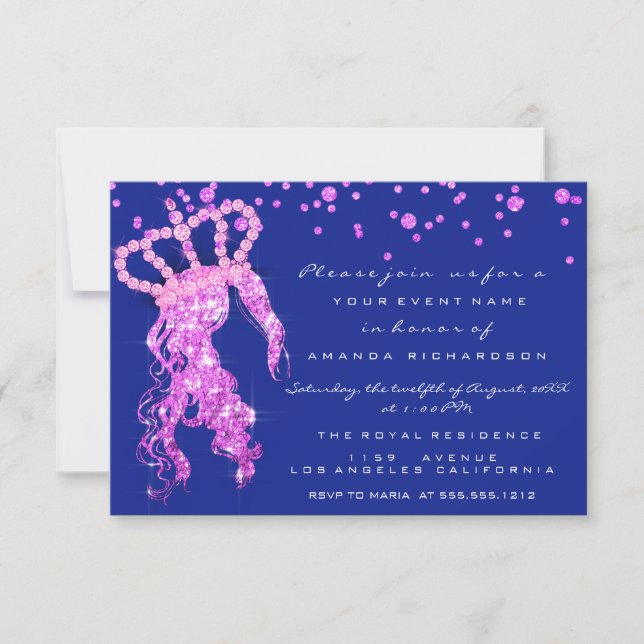 Sweet 16th Crown Princess Confetti Royal Blue Pink Invitation (Front)