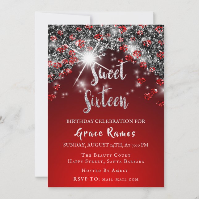 Sweet 16th Elisabeth Red Grey Silver Drips Photo Invitation (Back)