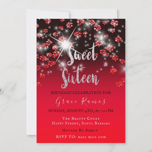 Sweet 16th Elisabeth Red Grey Silver Ombre Photo Invitation (Back)